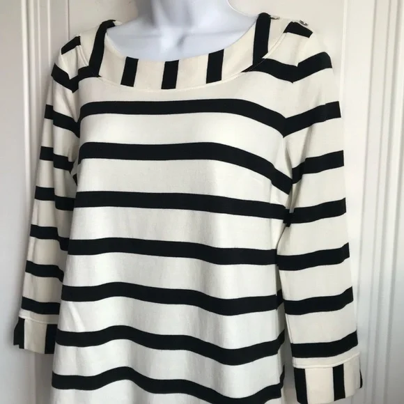 🔴 4/$15 Talbots Women’s S Black & Ivory Stripe Cotton 3/4 Sleeve Knit Top in EUC - Picture 8 of 14